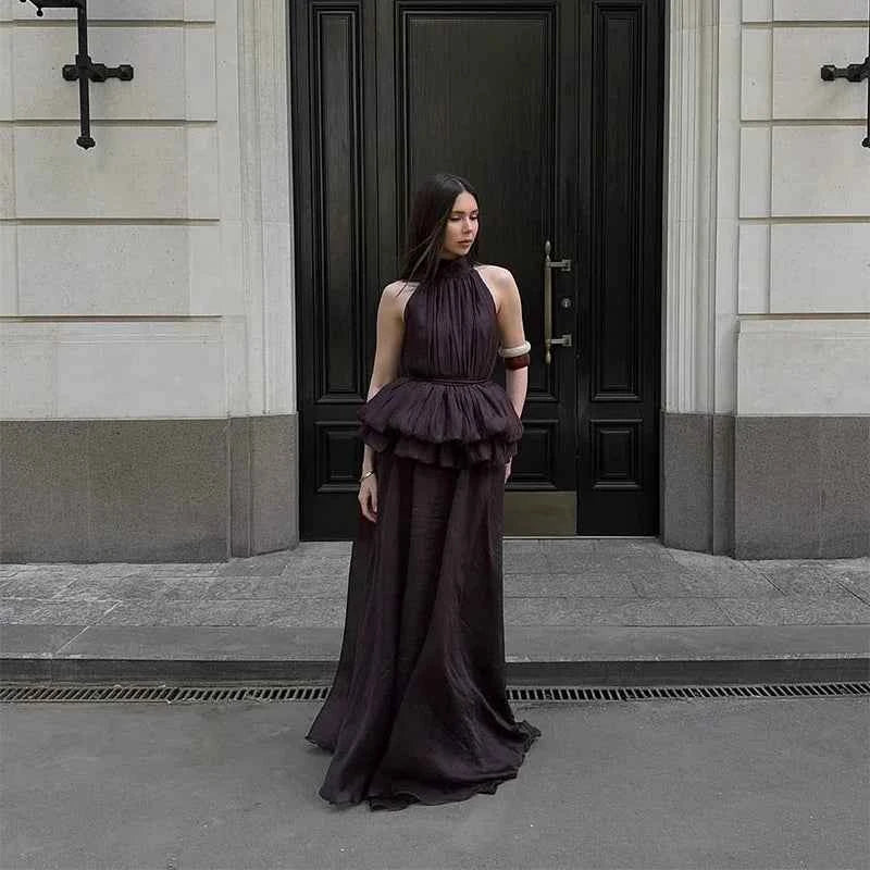 White O-neck Elegant Pleated Top Long Skirt Sets