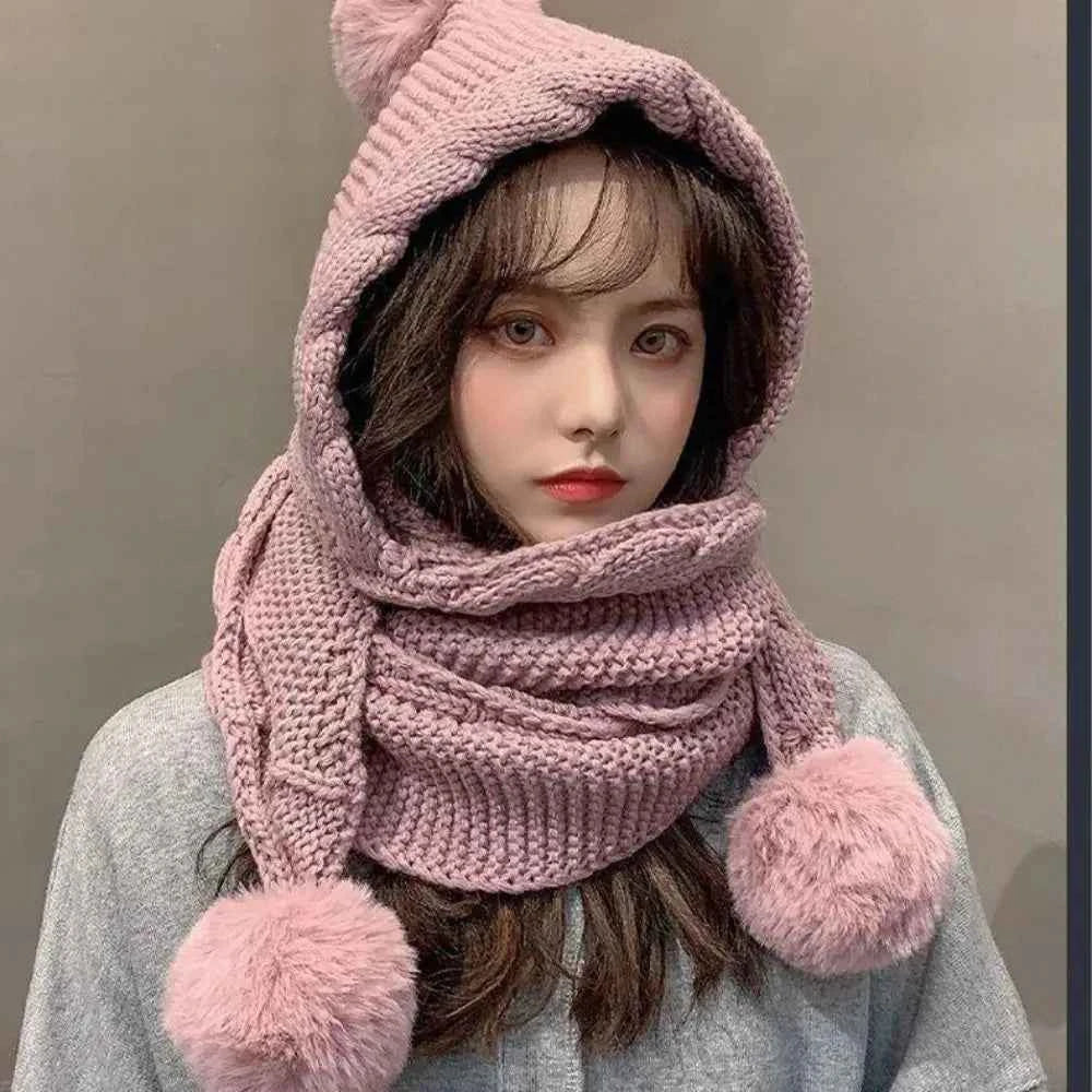 Cute Hooded Hat Ear Protection Thickened Knitted Hat /Scarf