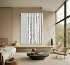 White Minimalist Ocean Wave Canvas – Textured Wabi-Sabi Wall Art - Muselune