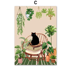 Black Cat & Green Plants Canvas – Abstract Boho Aesthetic Wall Art - Muselune