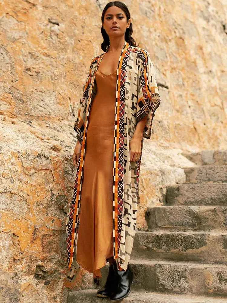 Boho Print Kimono Cover-Up – Belted Beach Dress - Muselune