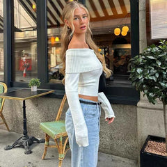 WhereMery Off-Shoulder Ribbed Crop Top - Muselune