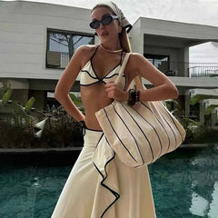 Para Praia Print 3-Pieces Bikini Set with Long Skirt Cover-Up - Muselune