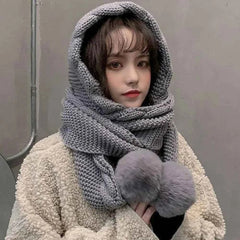 Cute Hooded Hat Ear Protection Thickened Knitted Hat /Scarf