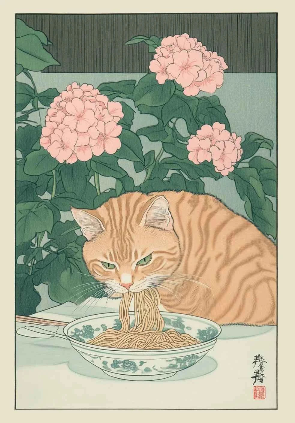 Japanese Tabby Cat Poster – Retro Art for Japandi Decor - Muselune
