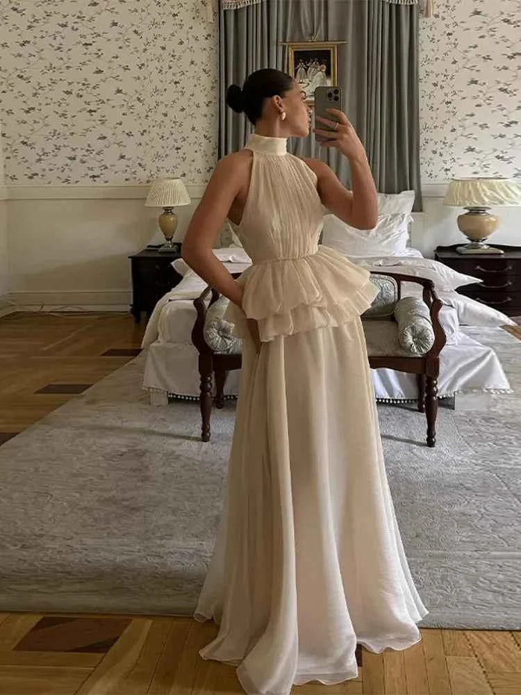 White O-neck Elegant Pleated Top Long Skirt Sets