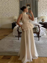 White O-neck Elegant Pleated Top Long Skirt Sets