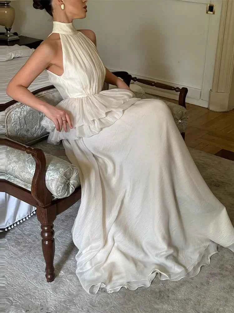 White O-neck Elegant Pleated Top Long Skirt Sets