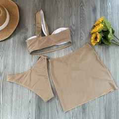 One-Shoulder Bikini Set – 3-Piece Swimwear with Cover-Up Skirt - Muselune