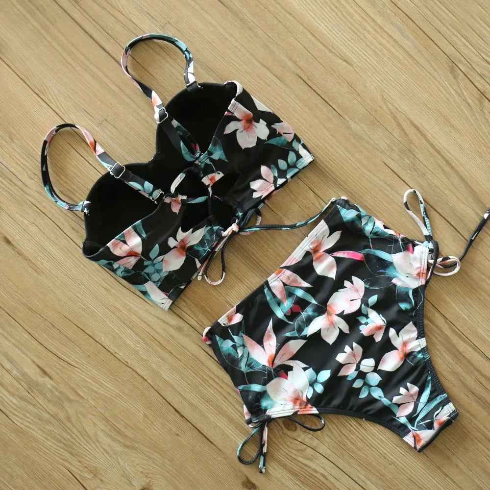 Floral Bandage Bikini – High Waist Push-Up Two-Piece - Muselune