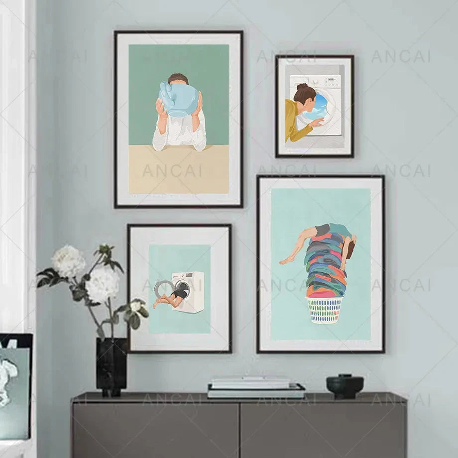 Laundry Girl Canvas – Nordic Washing Machine & Bathtub Wall Art - Muselune