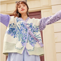 Muse Van Gogh Art Painting Floral Jacquard Knitwear Coat - Muselune