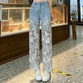 Lace Floral Hollow-Out Jeans – High Waist Slim Fit Streetwear - Muselune