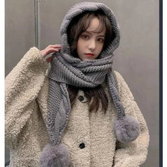 Cute Hooded Hat Ear Protection Thickened Knitted Hat /Scarf