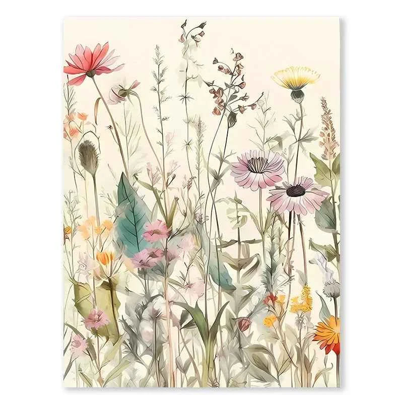 Modern Botanical Watercolor Canvas – Wild Flowers & Leaves Wall Art - Muselune