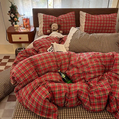 Vintage Retro Red Grid Bedding With Pillowcases - Muselune