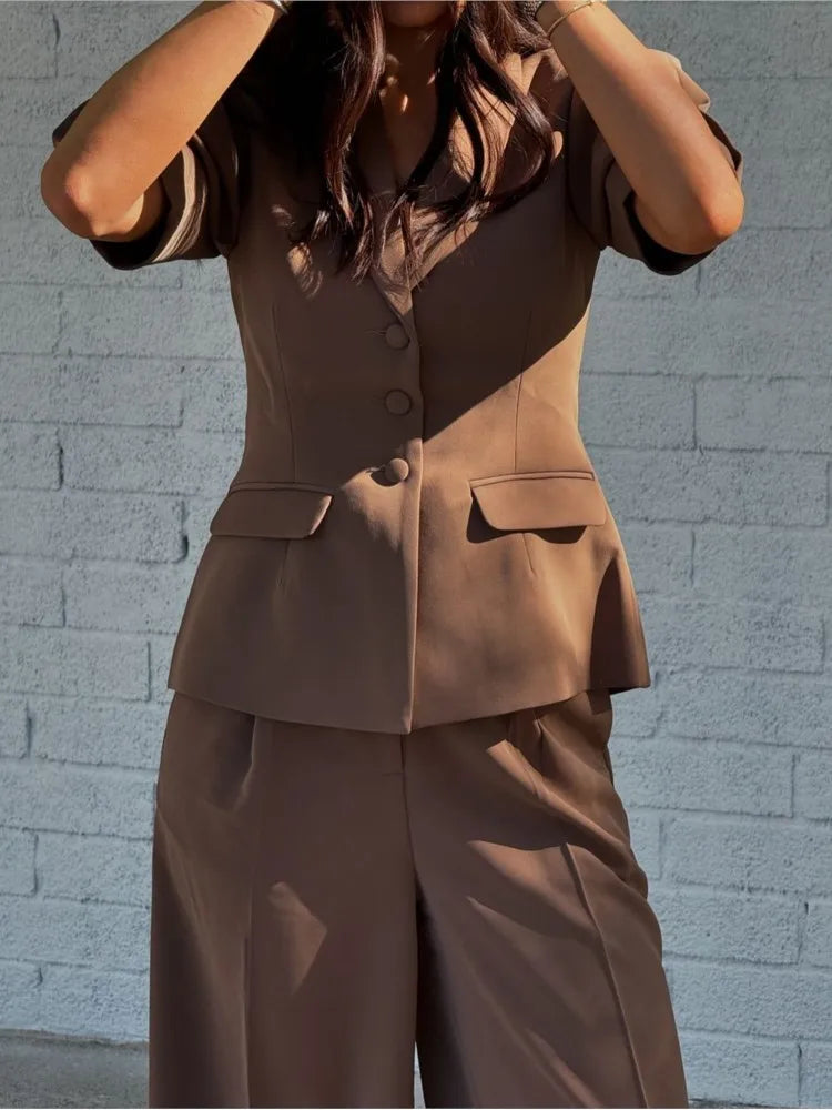 Solid Color Minimalism V-Neck Suit Coat Top & Straight Leg Pants Suits - Muselune