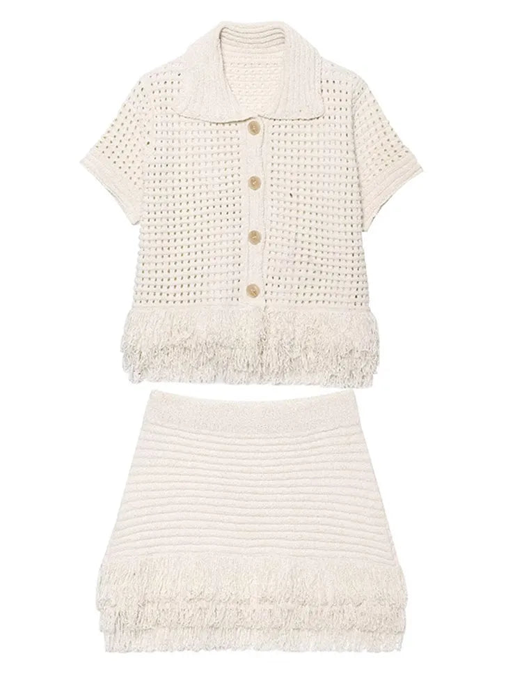 White Knitted Hollow Out Tops & Mini Skirts - Muselune