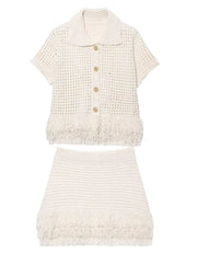 White Knitted Hollow Out Tops & Mini Skirts - Muselune