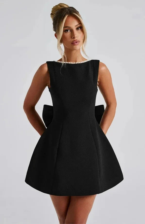 Elegant Pearl Bow Backless Mini short Dress - Muselune