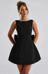 Elegant Pearl Bow Backless Mini short Dress - Muselune