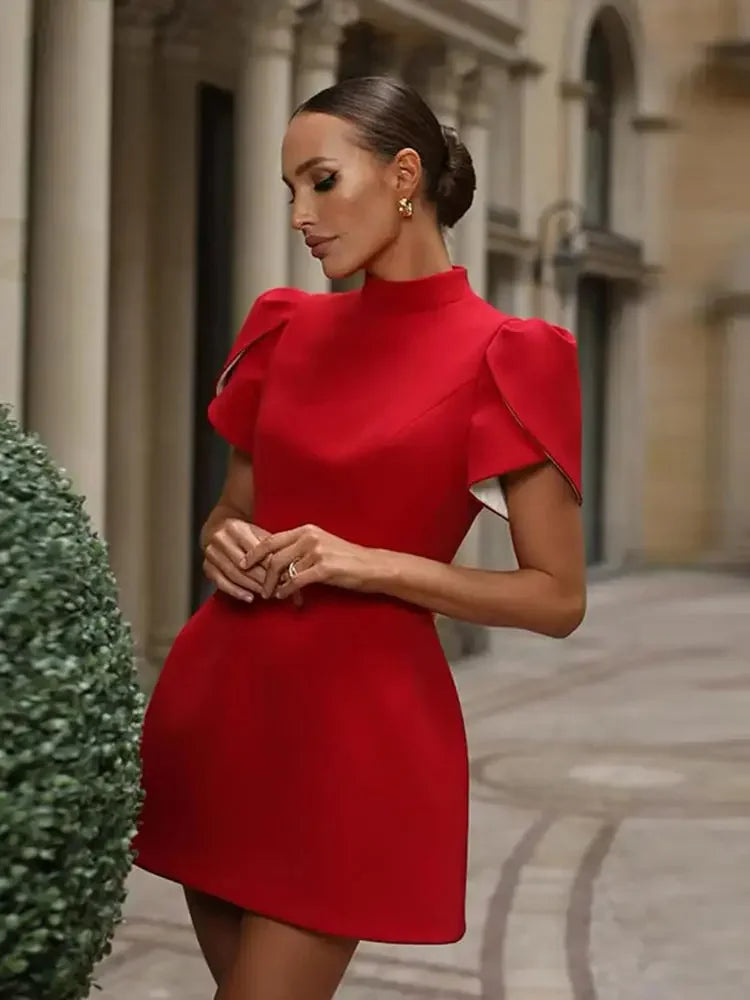 Red Turtleneck Hallow Out Bow Mini Dress Muselune