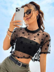 Star Print Mesh Crop Top – Drop Shoulder, Summer Style - Muselune