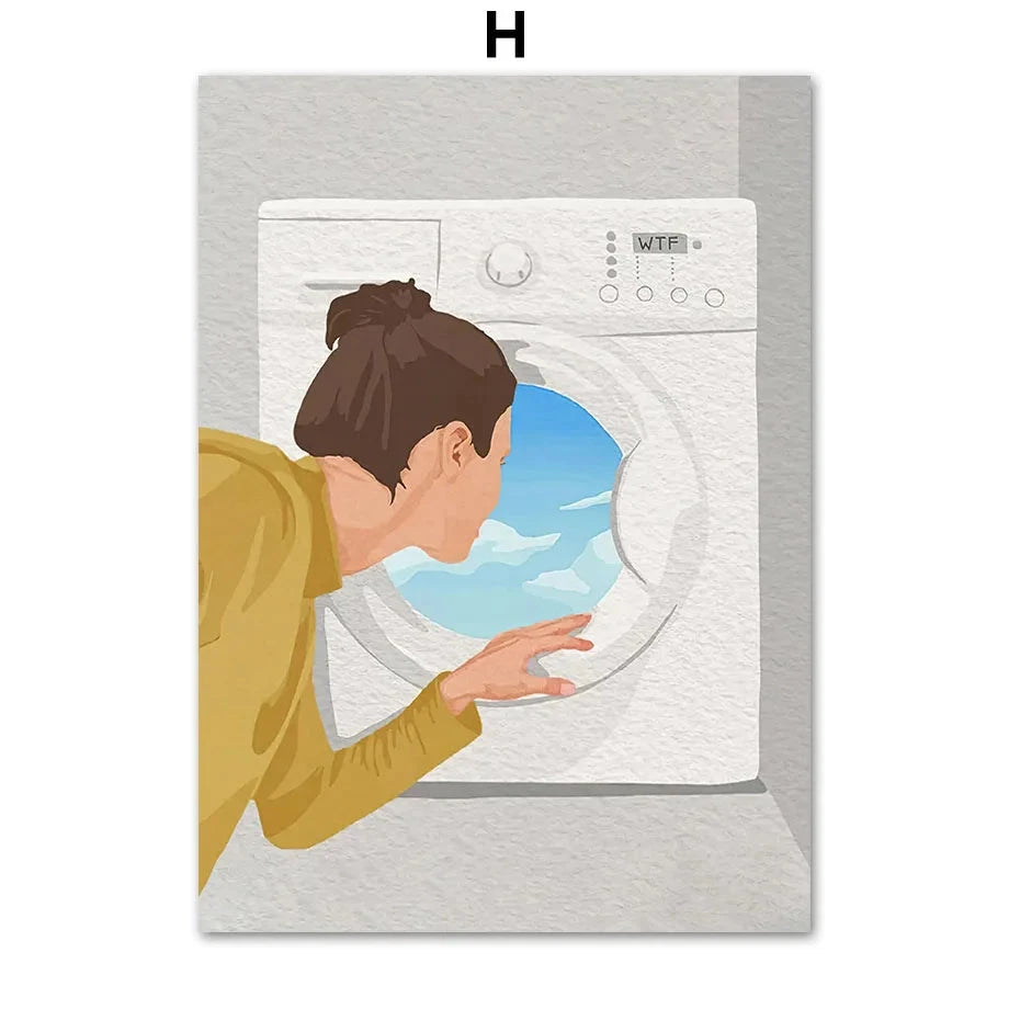 Laundry Girl Canvas – Nordic Washing Machine & Bathtub Wall Art - Muselune