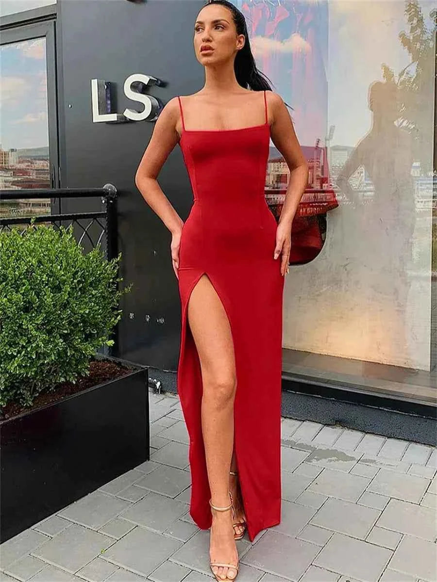 Sexy Bodycon paghetti Strap Sleeve Split Dress - Muselune