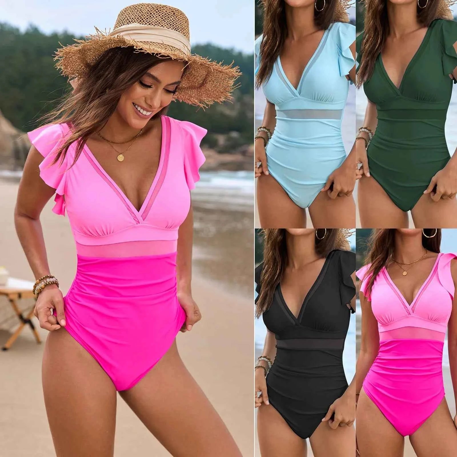 Mesh One-Piece Swimsuit – Ruffled Backless Push-Up - Muselune