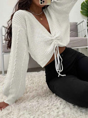 White Deep V-Neck Knit Crop Slim Top - Muselune