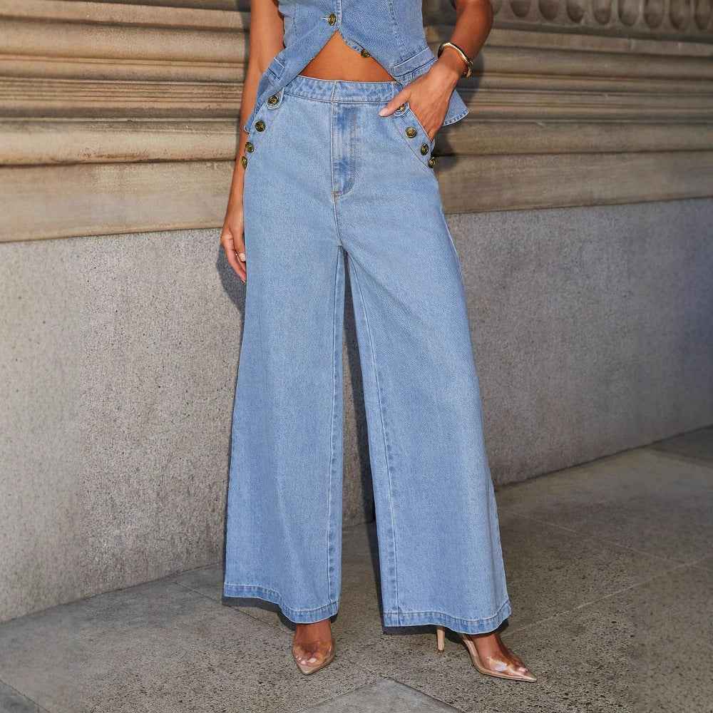 Denim Vest Set – Sleeveless Top & Wide Leg Pants - Muselune