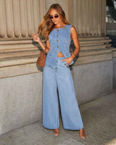 Denim Vest Set – Sleeveless Top & Wide Leg Pants