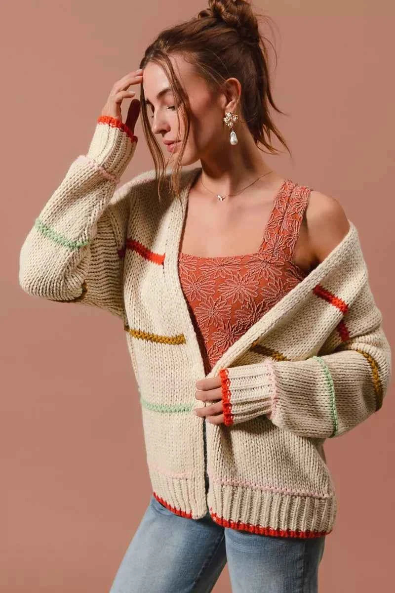 SO ME Loose Fit Multi Stripe Open Front Cardigan