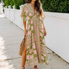 High Waist Batwing-Sleeve V-neck Printed Wear Dresses - Muselune