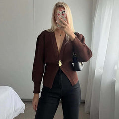 New V-neck Button Cardigan Fashion Knitted Sweater Top For Women Clothing - Muselune