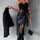 Split Lace-up Leather Skirt