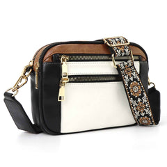 Triple-Zip Crossbody – Floral Strap & Colorblock Style - Muselune