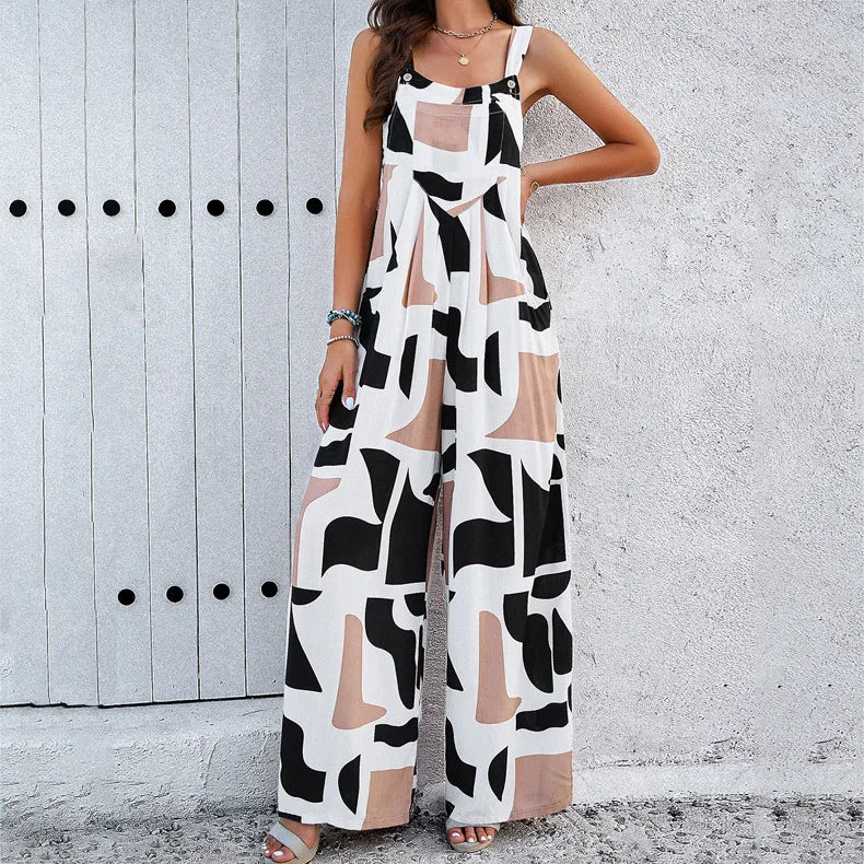Printed Square Neck Jumpsuit – Casual Loose Fit with Pockets The Muse