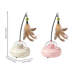 Cat toy with feather attachments and dimensions on a white background