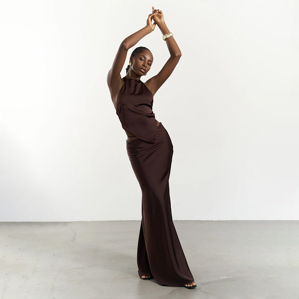 Solid Color Hollow-out Bodycon Maxi Skirt - Muselune