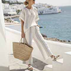Striped Batwing Sleeve T-shirt and Pants Suit