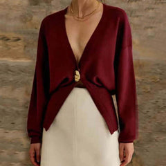 New V-neck Button Cardigan Fashion Knitted Sweater Top For Women Clothing - Muselune