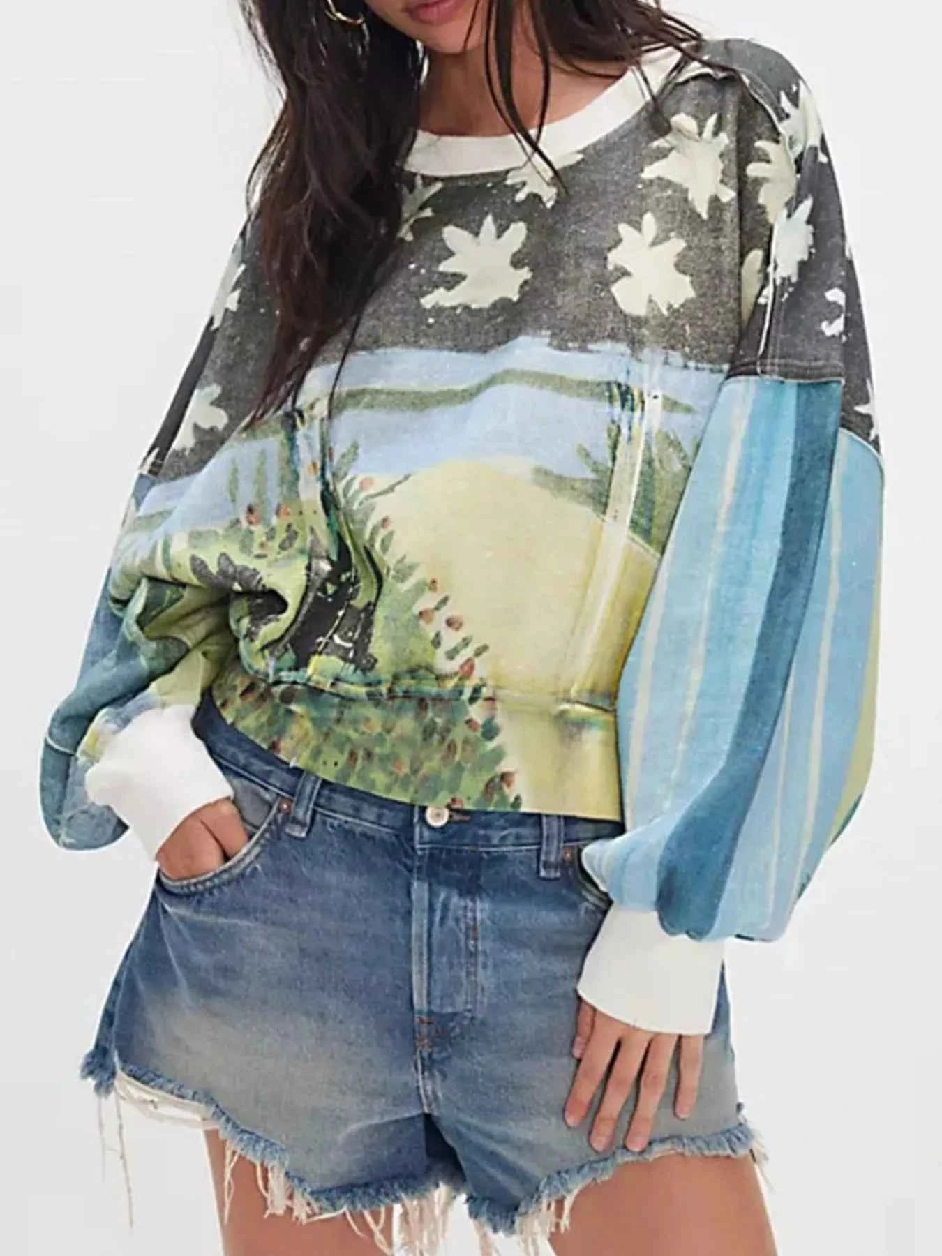 Printed Round Neck Dropped Shoulder Sweatshirt