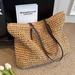 Large Capacity Woven With Zipper Beach Shoulder Bag - Muselune