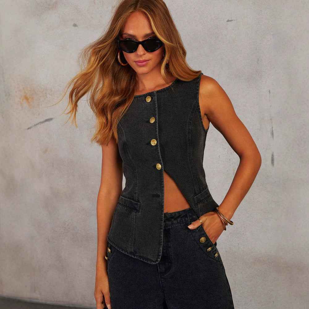 Denim Vest Set – Sleeveless Top & Wide Leg Pants - Muselune