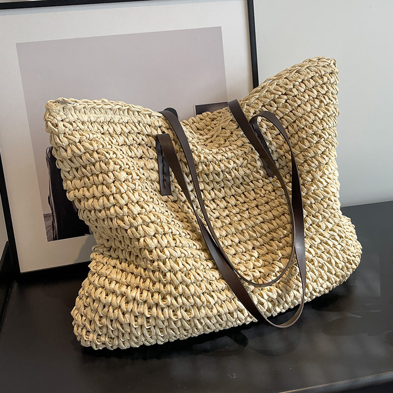 Large Capacity Woven With Zipper Beach Shoulder Bag - Muselune