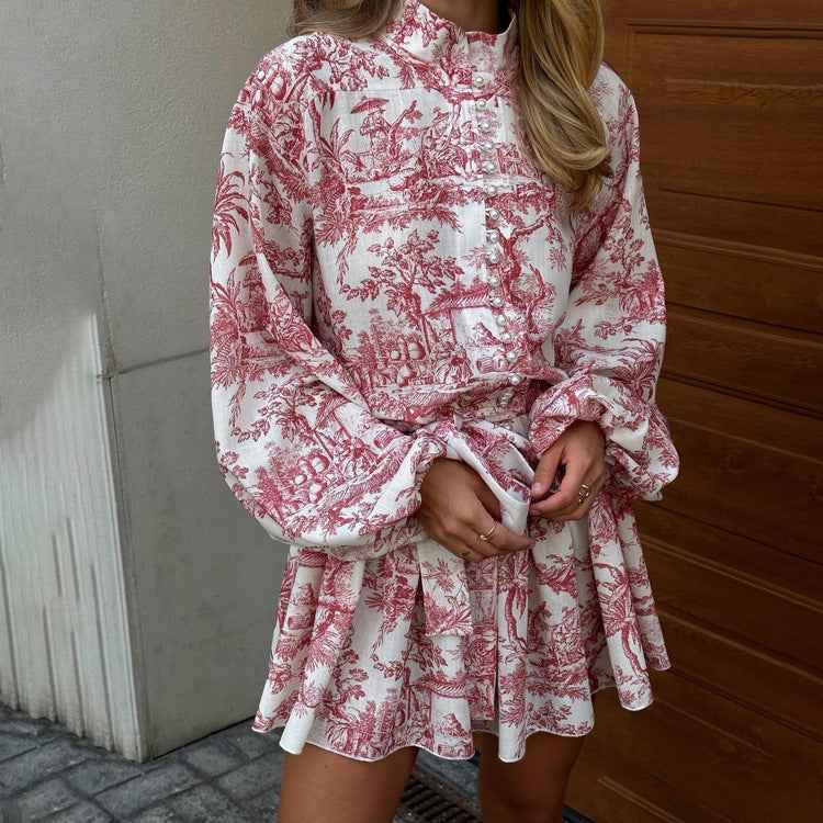 Ink Print A-Line Sleeve Short Dress - Muselune