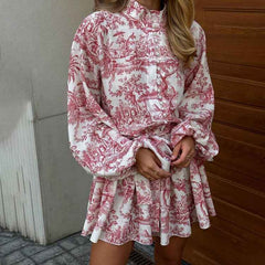 Ink Print A-Line Sleeve Short Dress - Muselune