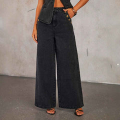 Denim Vest Set – Sleeveless Top & Wide Leg Pants - Muselune